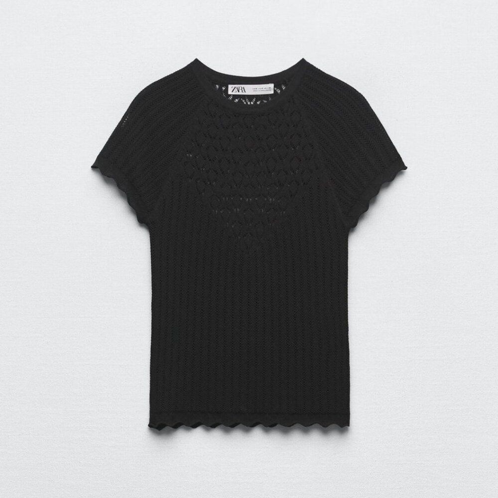 Zara Pointelle Knit Short Sleeve Top Black Size Small Whimsigoth Neutral